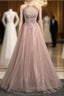 Champagne Tulle Sequins Halter Beading Prom Dress