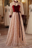 Champagne Tulle Sequins High Neck Long Sleeve Prom Dress
