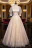 Champagne Tulle Sequins Long Prom Dress, Cute 1/2 Sleeve Party Dress