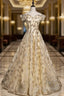 Champagne Tulle Sequins Off the Shoulder Long Prom Dress