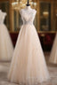 Champagne Tulle Sequins Pleats Beading Prom Dress