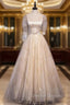 Champagne Tulle Sequins Pleats Short Sleeve Prom Dress
