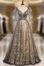 Champagne Tulle Sequins V-neck Beading Prom Dress