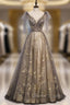 Champagne Tulle Sequins V-neck Beading Prom Dress