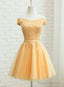 Champagne Tulle Short Lace Applique Bridesmaid Dress, Short Prom Dress Homecoming Dress