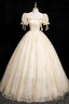 Champagne Tulle Short Sleeve Floor Length Prom Dress, Beautiful A-Line Evening Party Dress