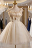 Champagne Tulle Spaghetti Straps Bow Homecoming Dress