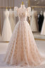 Champagne Tulle Square Puff Sleeve Prom Dress