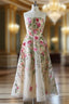 Champagne Tulle Strapless Embroidery Flower Prom Dress