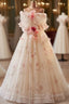 Champagne Tulle Strapless Flower Prom Dress