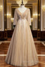 Champagne Tulle V-nec Backless Pleats Prom Dress
