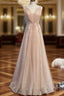 Champagne Tulle V-neck Beading Sequins Prom Dress