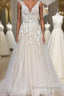 Champagne tulle v neck lace long prom Dress champagne formal Dress