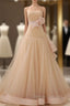 Champagne Tulle With Flower Strapless Backless Wedding Dress