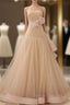 Champagne Tulle With Flower Strapless Backless Wedding Dress