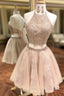 Champagne Two Piece Halter Lace Tulle Homecoming Dress