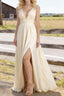 Champagne V Neck Chiffon Floor Length Bridesmaid Dresses Long Bridesmaid Dress With Pleated Split