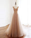 Champagne V Neck Tulle Beads Long Prom Dress Evening Dress