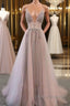 Champagne v neck tulle long prom Dress, champagne evening Dress