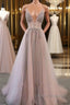 Champagne v neck tulle long prom Dress, champagne evening Dress