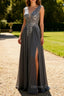 Charcoal A Line V-Neck Lace Long Mother of the Bride Dress with Appliques