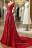 Charming Dark Red Lace A-line Long Prom Dress, Red Evening Gown