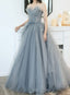 Charming Grey Tulle Long Sweet 16 Gown With Flowers, Grey Formal Dress Party Dress