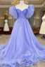 Charming Lavender Puffy Sleeves Long Formal Dress, A-line Evening Dress