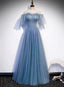Charming Light Blue Tulle Puffy Sleeves Floor Length Party Dress, Blue A-Line Pricess Gowns Prom Dress