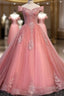 Charming Pink Off Shoulder Lace Applique Sweetheart Party Dress, Pink Prom Dress