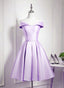Charming Purple Satin Knee Length Homecoming Dress, Off Shoulder Bridesmaid Dress