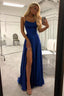 Charming Royal Blue Satin Spaghetti Straps Prom Dress With Side Slit