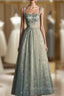Charming Sage Green Long Tulle Lace Prom Dress A Line Party Evening Dress