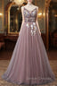 Charming V-neckline Flowers Dark Pink Prom Gown, Long Formal Dress