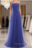 Cheap Blue Tulle Strapless Long Simple Prom Dress With Bow