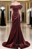 Cheap Burgundy mermaid Off the Shoulder Pleats Prom Dress