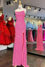 Cheap Long Sequins Prom Dress Hot Pink Evening Dress With Feathers