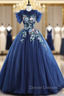 Check Out Entire Collection Navy Blue Ball Gown Tulle Embrodiery Backless Quinceanera Dress