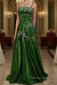 Chic A Line Spaghetti Straps Green Satin Evening Dress Long Prom Dress