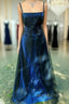 Chic A Line Spaghetti Straps Navy Blue Tulle Evening Dress Long Prom Dress