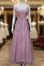 Chic A Line Spaghetti Straps Pink Long Evening Dress Beads Long Prom Dress