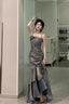 Chic High Low Spaghetti Straps Gray Blue Long Party Dresses Birthday Outfits