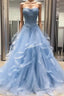 Chic Prom Dress Sweetheart Sky Blue Ruffles Aline Lace Prom Dress
