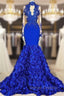 Chic Royal Blue Keyhole Flowers Train High neck Mermaid Prom Party Gowns