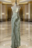 Chiffon Sheath Spaghetti Strap Ruffled Prom Dress With Beading Evening Dress
