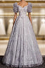 Classic Gray Tulle Sequins Short Sleeve Beading Prom Dress