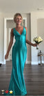 Classy A Line V Neckline Blue Satin Sleeveless Long Prom Dress