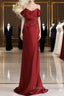 Classy Mermaid Off The Shoulder Red Satin Long Evening Gowns Prom Dress
