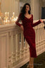Classy Sheath V Neckline Long Sleeves Red Prom Dresses Birthday Outfits Evening Gown