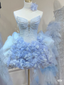Classy Strapless Blue Tulle Pleated Beaded Birthday Outfits Homecoming Dress